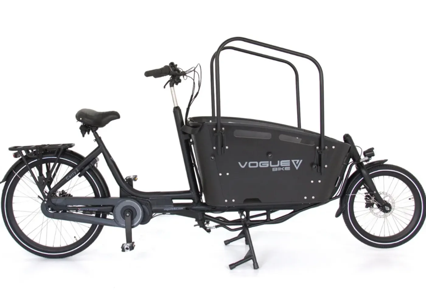 Vogue Carry 2 two wheel cargo bike in matte black, full side view