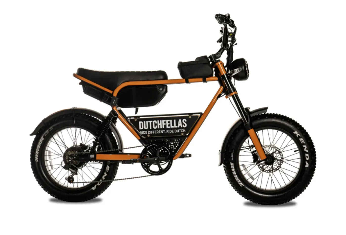 DutchFellas Urban Fella fatbike in orange and black, full side view