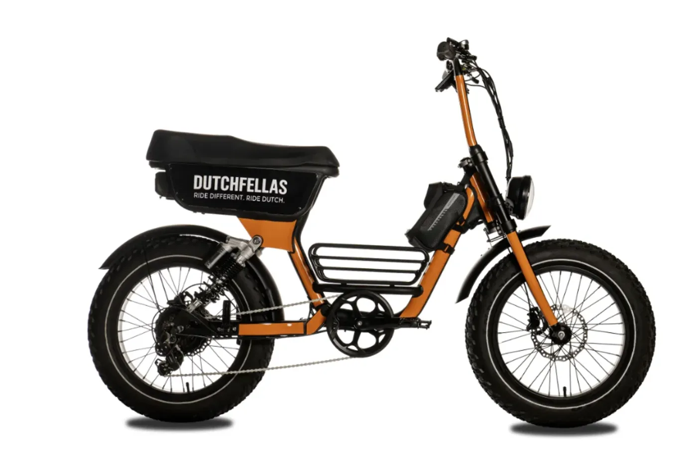 DutchFellas Bella Fella fatbike in orange and black, full side view