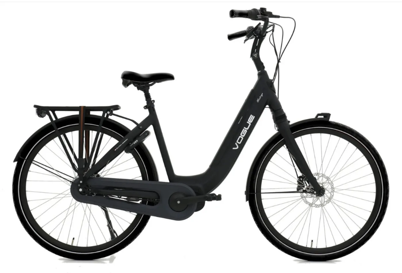 Vogue Mestengo city e-bike in matte black, full side view