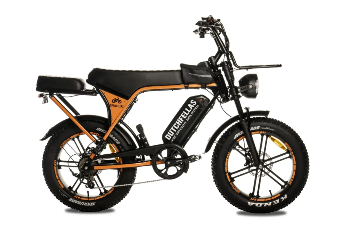 DutchFellas Street Fella V8 fatbike in orange and black, full side view