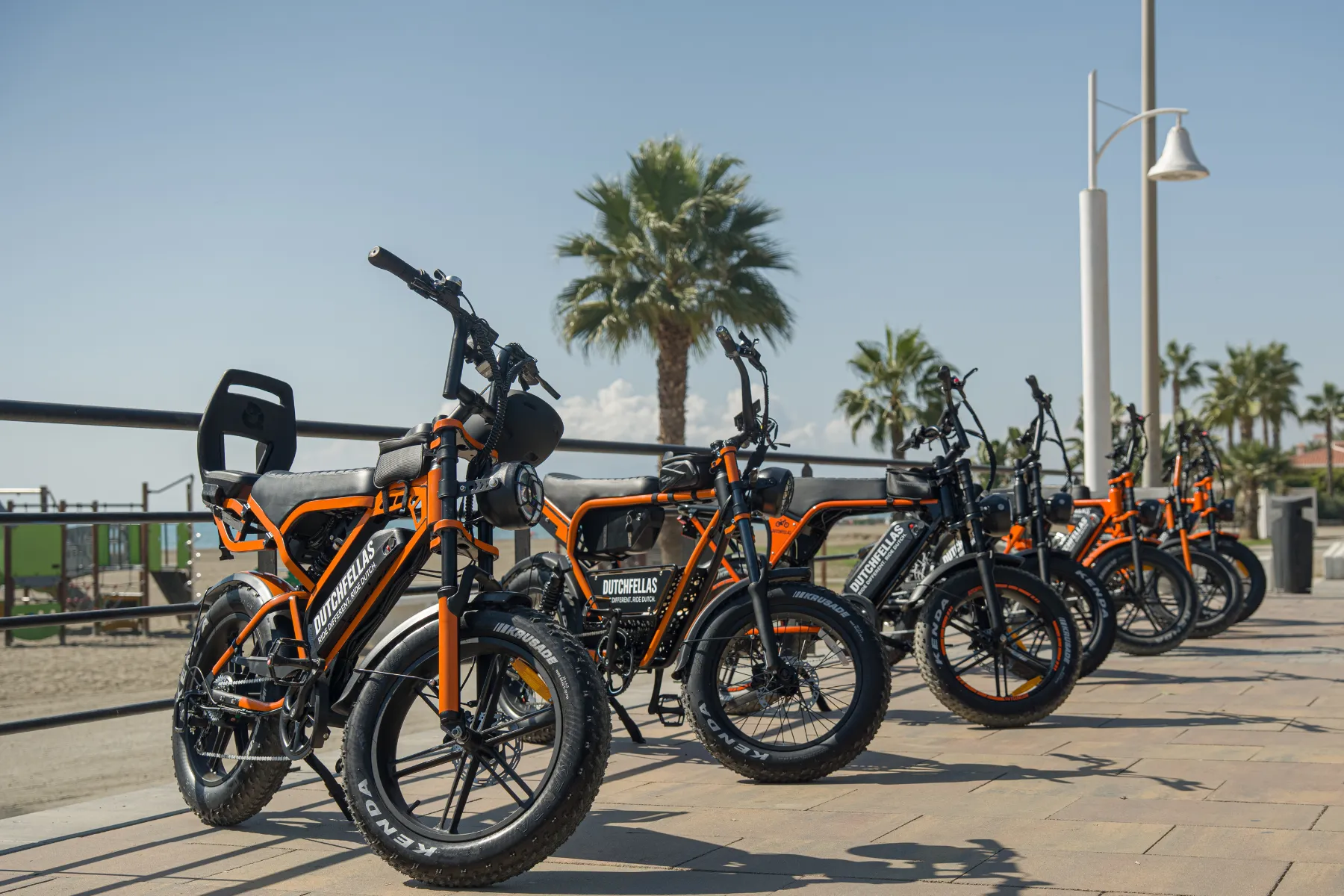 A line of orange DutchFellas fatbikes on a palm lined promenade in Málaga