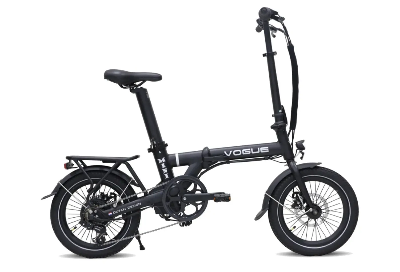 Vogue Mini folding e-bike in matte black, full side view